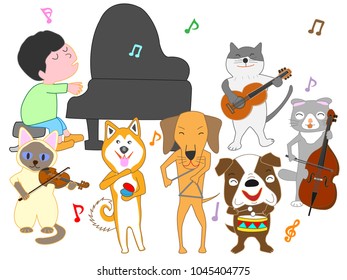 Dog and cat concert. Children and pets are singing and playing instruments.
