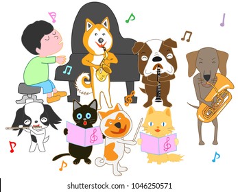 Dog and cat concert. Children and pets are singing and playing instruments.
