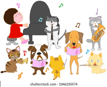 Dog and cat concert. Children and pets are singing and playing instruments.
