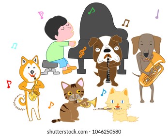 Dog and cat concert. Children and pets are singing and playing instruments.
