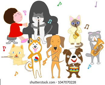 Dog and cat concert. Children and pets are singing and playing instruments.
