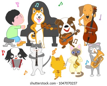 Dog and cat concert. Children and pets are singing and playing instruments.
