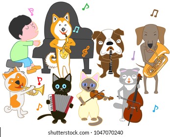 Dog and cat concert. Children and pets are singing and playing instruments.
