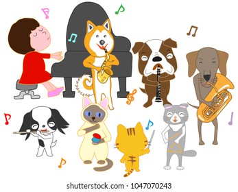 Dog and cat concert. Children and pets are singing and playing instruments.
