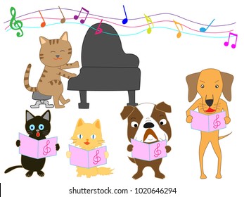 Dog and cat concert. Dogs and cats are singing together.
