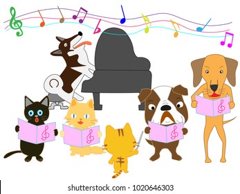 Dog and cat concert. Dogs and cats are singing together.
