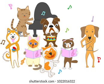 Dog and cat concert. Dogs and cats sing and play musical instruments.
