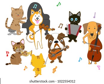 Dog and cat concert. Dogs and cats are playing instruments.
