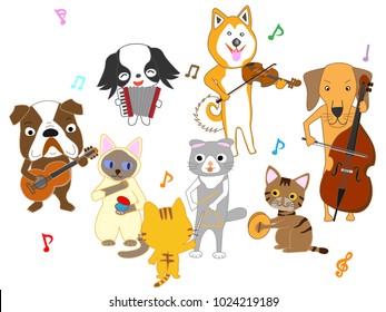 Dog and cat concert. Dogs and cats are playing with musical instruments.
