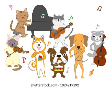 Dog and cat concert. Dogs and cats are playing with musical instruments.
