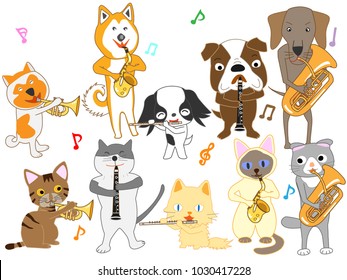 Dog and cat concert. Dogs and cats are playing instruments.
