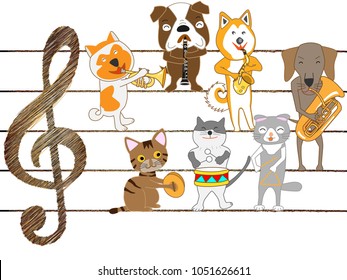 Dog and cat concert. Dogs and cats sing and play musical instruments.
