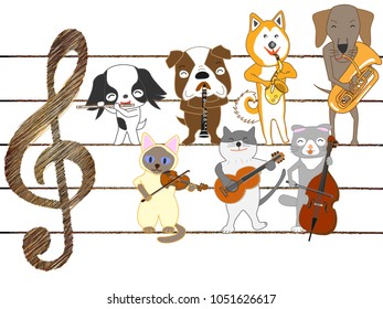Dog and cat concert. Dogs and cats sing and play musical instruments.
