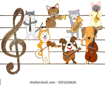 Dog and cat concert. Dogs and cats sing and play musical instruments.
