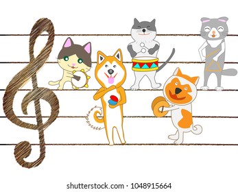 Dog and cat concert. Pets are singing and playing instruments.
