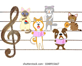 Dog and cat concert. Pets are singing and playing instruments.
