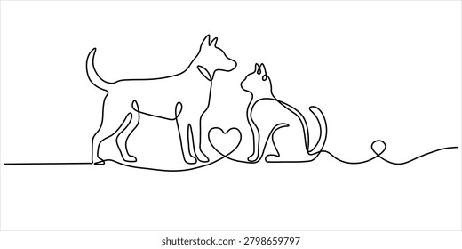 Dog and cat continuous line art vector illustration minimalist pet friendship and love concept