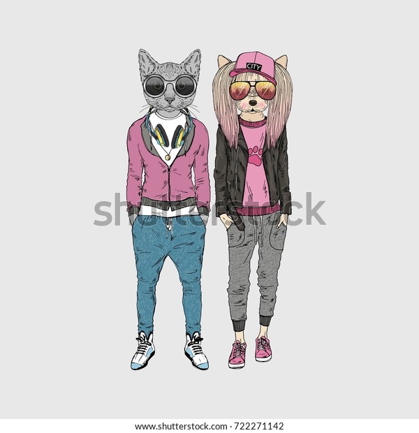 都会風の犬と猫のカップル 毛織りのアートイラスト ファッション動物