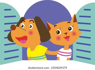 Dog and cat couple opening window at new house