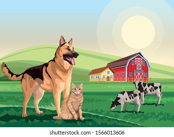 dog and cat with cows in the landscape scene vector illustration design