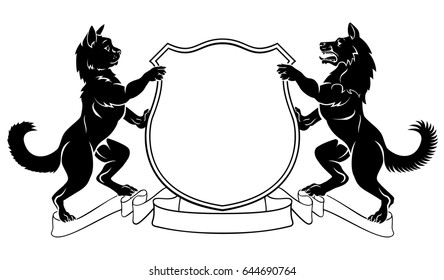 Dog and cat crest coat of arms heraldic shield  with pets flanking rampant on hind legs