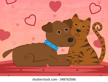 Dog and Cat - Cute dog and a cat are sitting next to each other in front of a decorative background. Eps10