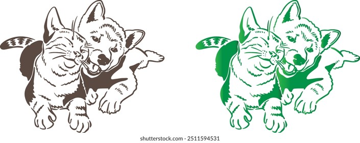 Dog and cat drawing pencil line art and colorful set premium quality image