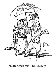 Dog & Cat Dressed with Umbrella, this scene shows a cat and dog in human dresses and walking under umbrella, vintage line drawing or engraving illustration