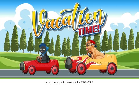 Dog and cat driving a car with vacation time text on nature landscape illustration