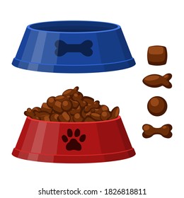 Dog cat dry food bowl  Bone   fish shaped crisps  Red   blue pet bowl and dry food  Flat style vector illustration isolated white background