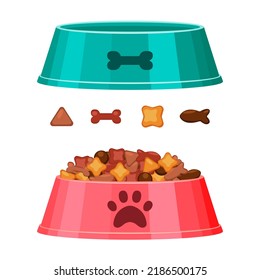 Dog or cat dry food bowl. Bone and fish shaped crisps. Red and green pet bowl with dry food. Flat style vector illustration isolated on white background