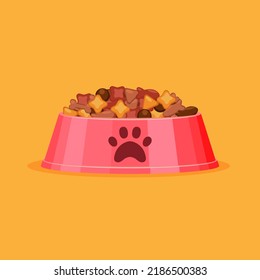 Cuenco de comida seca para perros o gatos. Crujientes en forma de hueso y pescado. Cuenco de mascotas amarillo con comida seca. Ilustración vectorial de estilo plano aislada en el fondo naranja