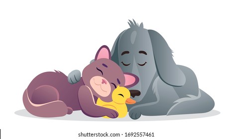 Dog, cat and duck . Friendship of animals. Gray dog, brown cat and yellow duck are sleeping. Very nice picture. Children's print. Story . Cartoon