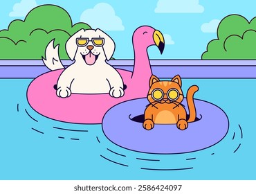 A dog and cat enjoying a day at the pool on colorful floaties cartoon hand drawn vector illustration