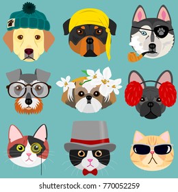 Dog and cat face set in hipster fashion
