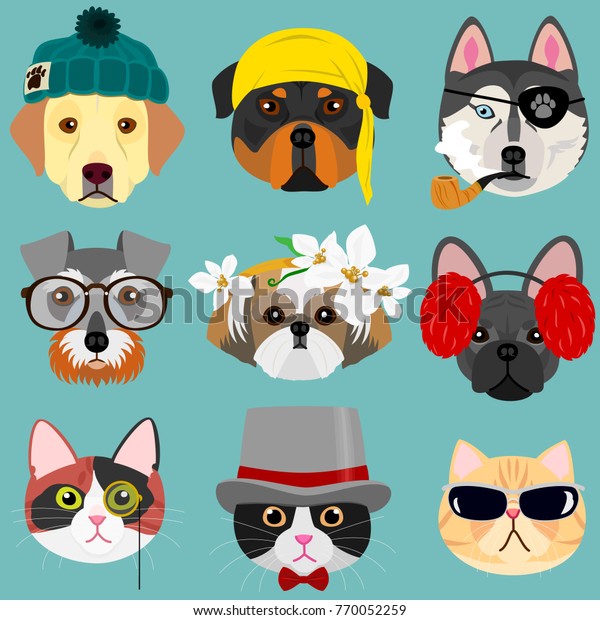 Dog Cat Face Set Hipster Fashion Stock Vector Royalty Free 770052259