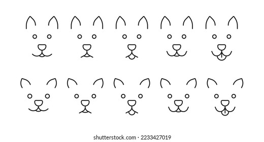 Dog and cat face set, pet head with different emotion, line icon. Dog and cat is calm, sad, surprised, happy, laughing with tongue hanging out. Canine and feline facial expression mouth. Vector sign