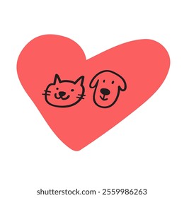 Dog and cat faces inside a heart. Concept for Valentine's day or animal shelter. Love. Hand drawn illustration on white background.