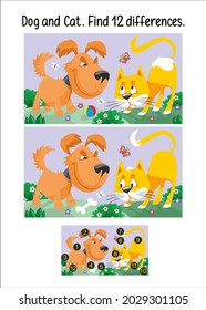 Dog and Cat. Find 12 Differences. Game for children. Activity, vector.