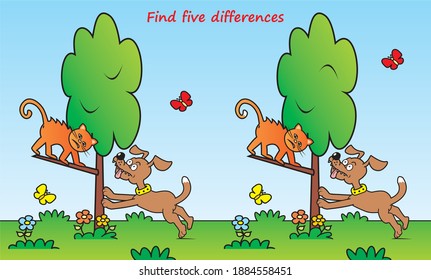 Dog and cat, find five differences, leisure activity, vector humorous illustration