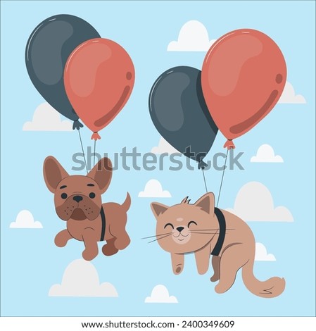 dog and cat floating or flying with air balloon with sky and clouds background. Fantastic surreal fantasy phantasmagoric illustration. Freedom concept. Imagination. Surrealism. Dream
