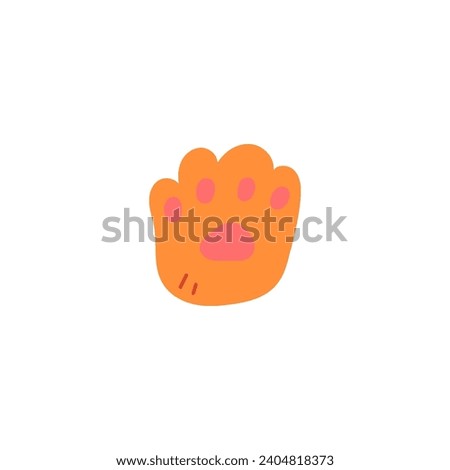 Dog or cat fluffy ginger paw with feet toes. Cute animal footprint, pads on the pet furry paw. Funny pussycat sticker, feline leg. Cartoon vector illustration isolated on white