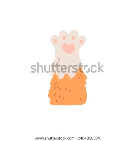 Dog or cat fluffy ginger and white red paw with feet toes. Cute animal foot, pads on the pet furry paw. Funny pussycat sticker with feline leg. Cartoon vector illustration isolated on white