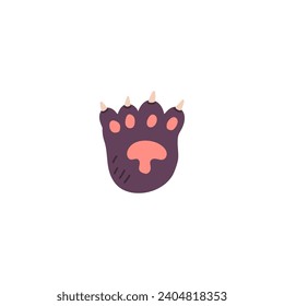 Dog or cat fluffy paw with sharp claws and pink feet toes. Pads on the pet furry paw. Funny pussycat footprint sticker. Cute domestic animal feline leg. Cartoon vector illustration isolated on white