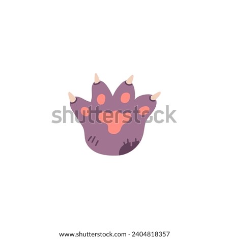 Dog or cat fluffy paw with sharp claws and feet toes. Cute animal footprint, pads on the pet furry paw. Funny pussycat sticker, feline leg. Cartoon vector illustration isolated on white