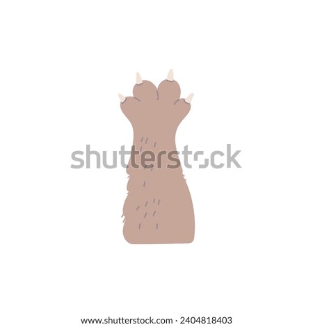 Dog or cat fluffy paw with sharp claws. Cute animal brown foot, pet furry paw. Funny pussycat sticker, feline leg. Cartoon vector illustration isolated on white background