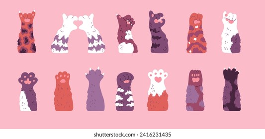 Dog or cat fluffy paws set. Cute animal various foots, striped and spotted, pet furry paw points with finger. Funny pussycat stickers, feline leg. Cartoon vector illustration isolated on pink