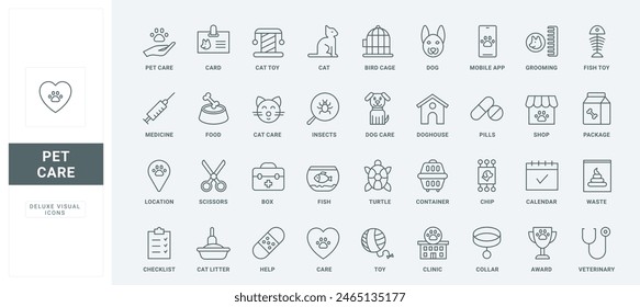 Alimentos para perros y gatos, huesos y juguetes, calendario de vacunas y chip para el servicio veterinario, finos símbolos de contorno negro y rojo, Ilustración vectorial. Cuidado de mascotas y ayuda veterinaria en conjunto de iconos de línea de clínica