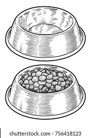 Dog, Cat Food In Bowl Illustration, Drawing, Engraving, Ink, Line Art, Vector