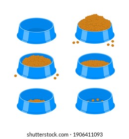 Dog or cat food bowls set. Pet plastic plates empty and full with dry food isolated on white background. Vector cartoon illustration.